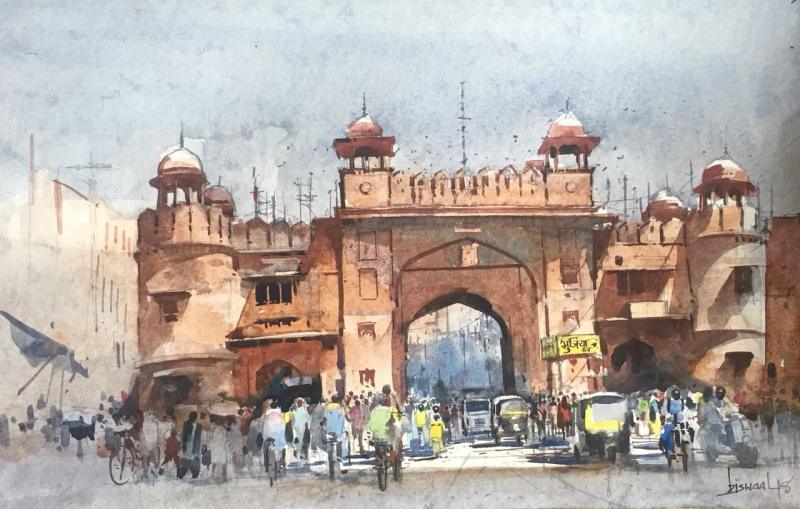 Cityscape watercolor painting titled 'Cityscape 9', 11x16 inches, by artist Bijay Biswaal on Paper