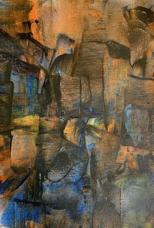 Cityscape Abstract (Cityscape at Dusk) by Amit Pithadia, Original Acrylic Cityscape Painting on Canvas, Small Vertical Wall Art