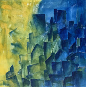 Cityscape acrylic painting titled 'Cityscape Abstract', 20x20 inches, by artist Amit Pithadia on Canvas