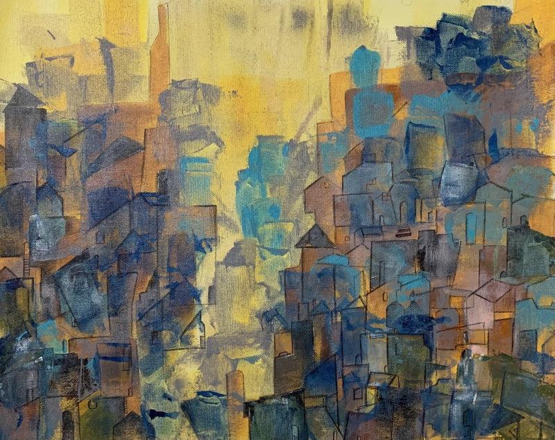 Cityscape acrylic painting titled 'Cityscape', 15x18 inches, by artist Amit Pithadia on Canvas