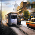 Transportation watercolor painting titled 'Cityscape', 22x27 inches, by artist Sudipta Karmakar on Paper