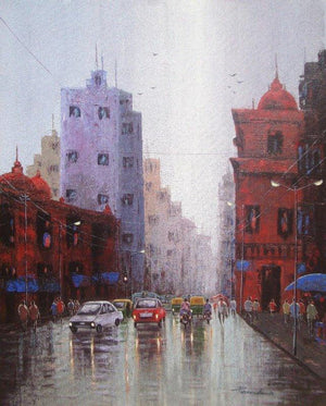 Cityscape acrylic painting titled 'Cityscape', 30x24 inches, by artist Purnendu Mandal on Canvas
