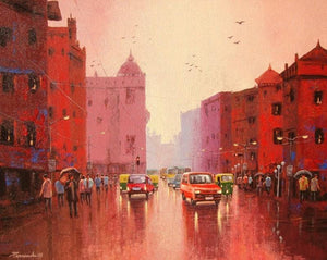 Cityscape acrylic painting titled 'Cityscape II', 30x24 inches, by artist Purnendu Mandal on Canvas