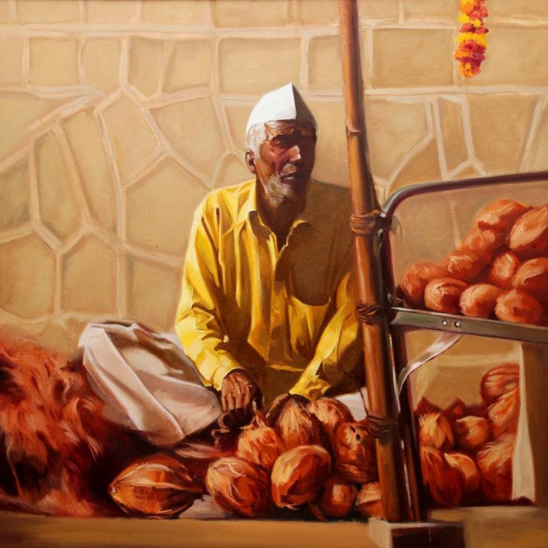 Figurative oil painting titled 'Coconut Seller', 36x36 inches, by artist Vinayak Takalkar on Canvas