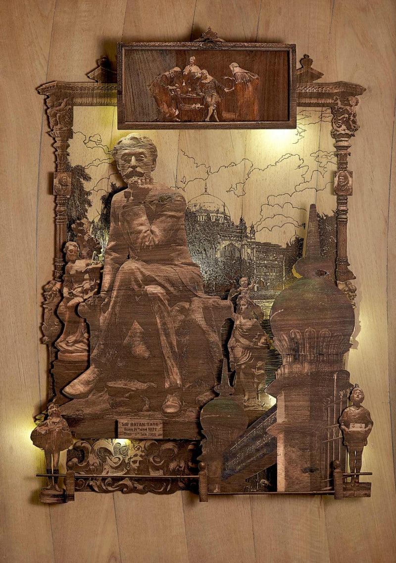 Cityscape sculpture titled 'Contemplation', 36x27x4 inches, by artist Shriram Mandale on Teak Wood