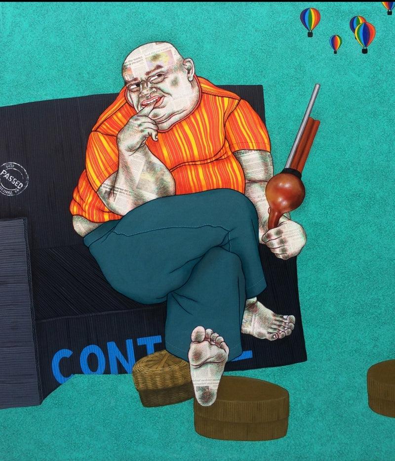 Figurative acrylic painting titled 'Control', 48x42 inches, by artist Mrinal Dey on Canvas