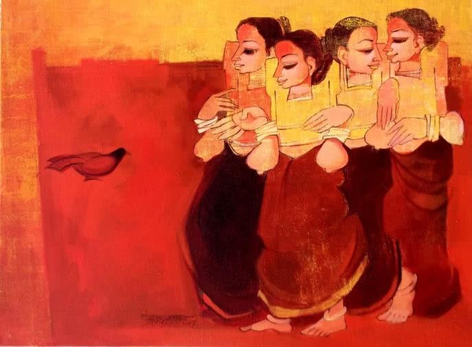 Figurative acrylic painting titled 'Conversation', 36x48 inches, by artist Sarang Waghmare on Canvas