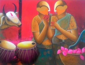 Figurative acrylic painting titled 'Conversation', 36x47 inches, by artist Anupam Pal on canvas