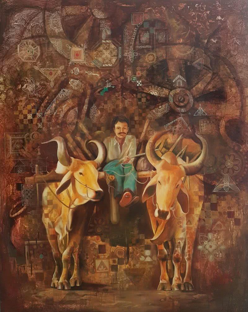 Expressionist oil painting titled 'Countryside', 48x60 inches, by artist Durshit Bhaskar on Canvas