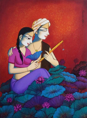 Figurative acrylic painting titled 'Couple 1', 40x30 inches, by artist Pravin Utge on Canvas