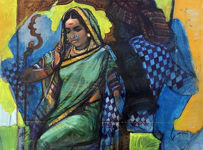 Figurative acrylic painting titled 'Couple 2', 16x20 inches, by artist Ramchandra Kharatmal on Paper