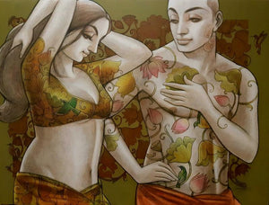Figurative mixed media painting titled 'Couple 3', 36x48 inches, by artist Sukanta Das on Canvas