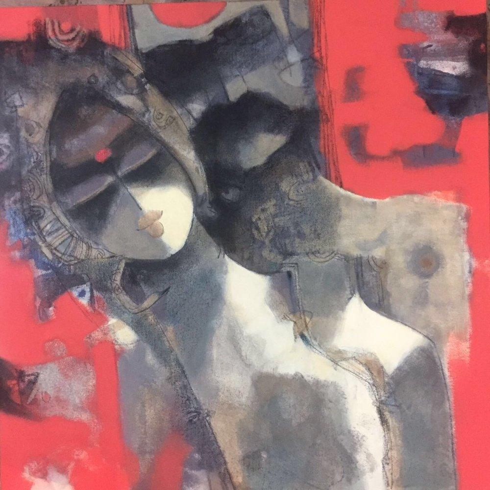 Figurative acrylic painting titled 'Couple', 48x48 inches, by artist Sachin Jaltare on Canvas