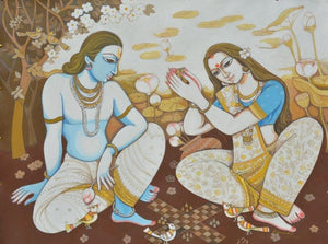Couple (The Game of Love) by Manisha Srivastava, Original Acrylic Figurative Painting on Canvas Board, Medium Horizontal Wall Art