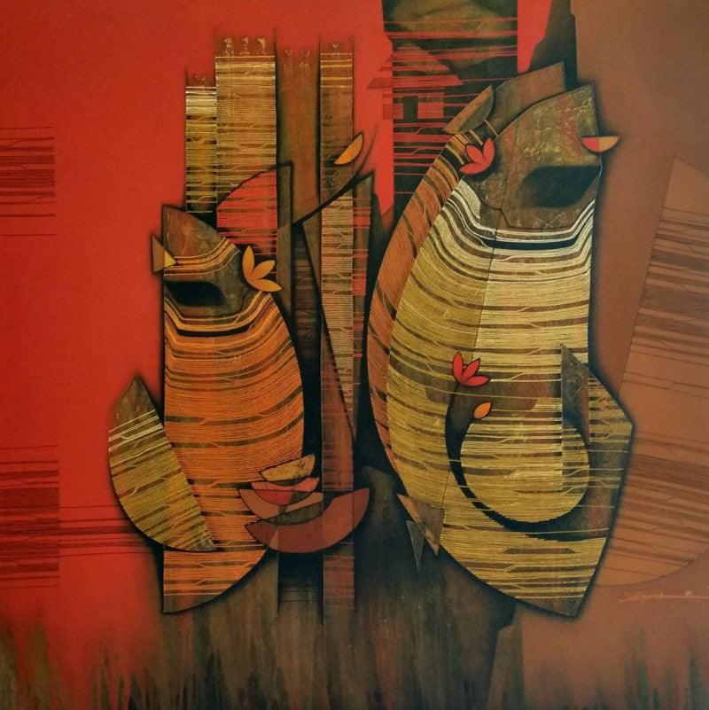 Figurative acrylic painting titled 'Couple', 48x48 inches, by artist Rahul Dangat on Canvas