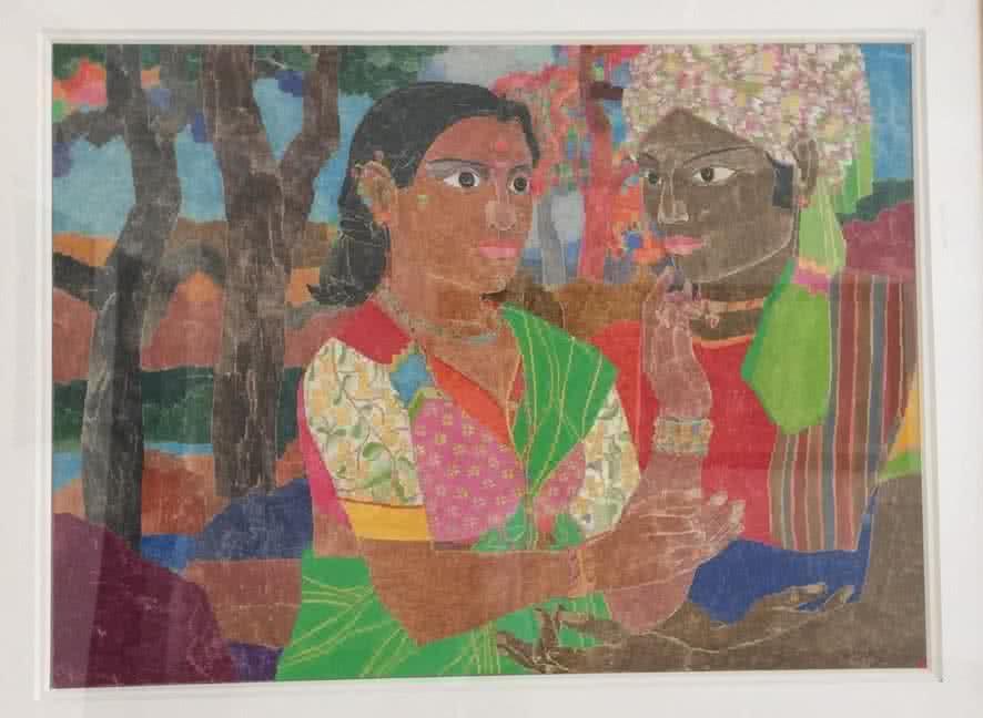 Figurative mixed media painting titled 'Couple', 20x28 inches, by artist Laxma Goud on Paper