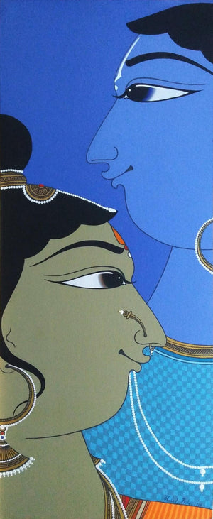 Figurative acrylic painting titled 'Couple', 36x15 inches, by artist Shahed Pasha on Canvas Board