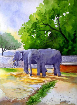 Couple (Pachyderm Paradise) by Rahul Salve, Original Watercolor Figurative Painting on Paper, Small Vertical Wall Art