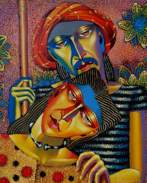 Figurative acrylic oil painting titled 'Couple', 24x18 inches, by artist Dayanand Kamakar on Canvas