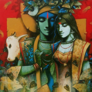 Figurative acrylic painting titled 'Couple', 36x36 inches, by artist Subrata Das on Canvas