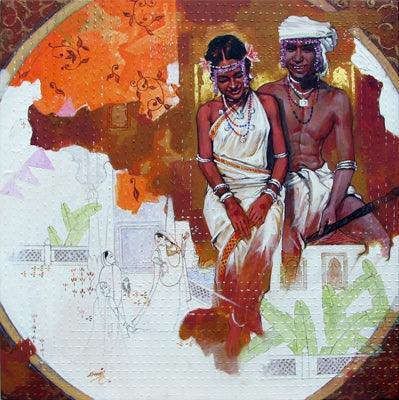 Figurative acrylic painting titled 'Couple', 24x24 inches, by artist Ramchandra Kharatmal on Canvas