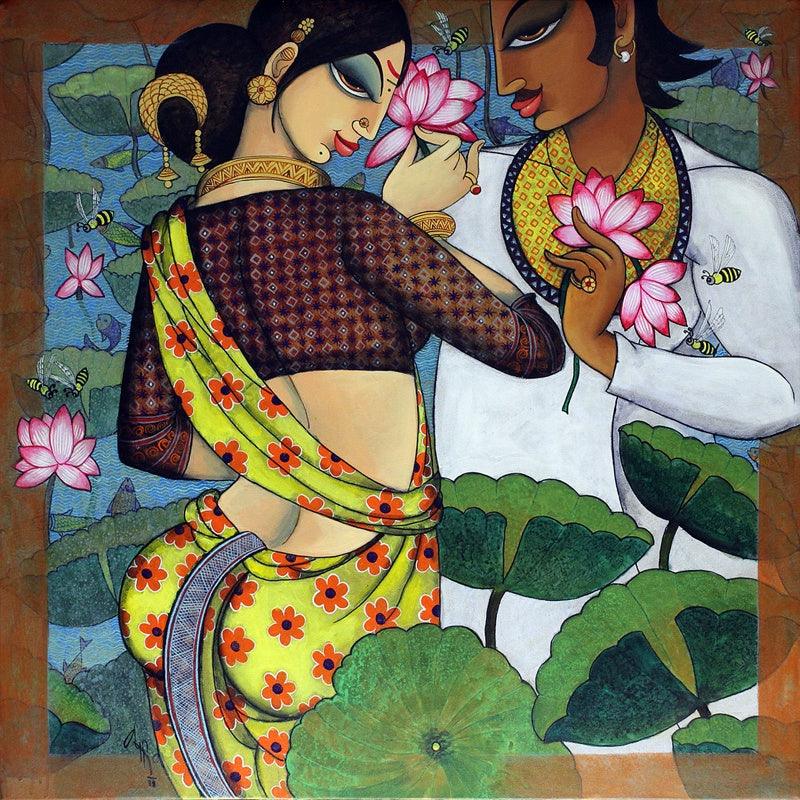 Figurative acrylic painting titled 'Couple', 36x36 inches, by artist Varsha Kharatamal on Canvas