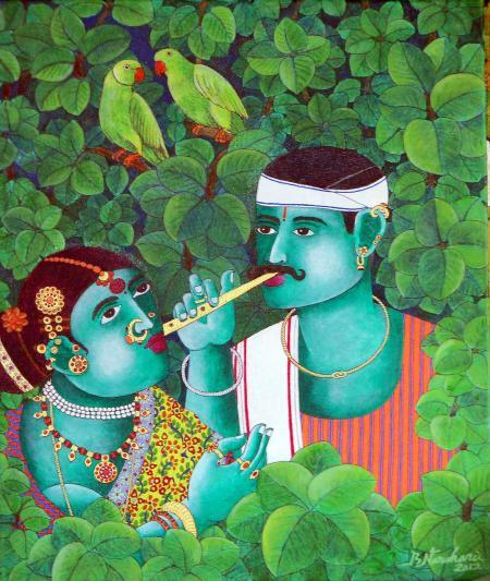 Couple With Parrot 1 Painting by Bhawandla Narahari | ArtZolo.com