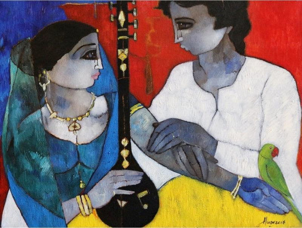 Couple With Veena Painting by Abrar Ahmed | ArtZolo.com