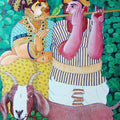 Figurative acrylic painting titled 'Couple and Goat 2', 30x24 inches, by artist Bhawandla Narahari on Canvas