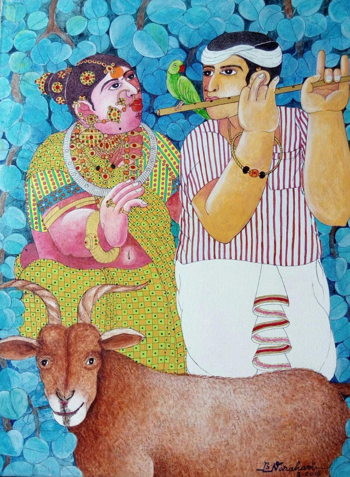 Couple And Goat 2 Painting by Bhawandla Narahari | ArtZolo.com