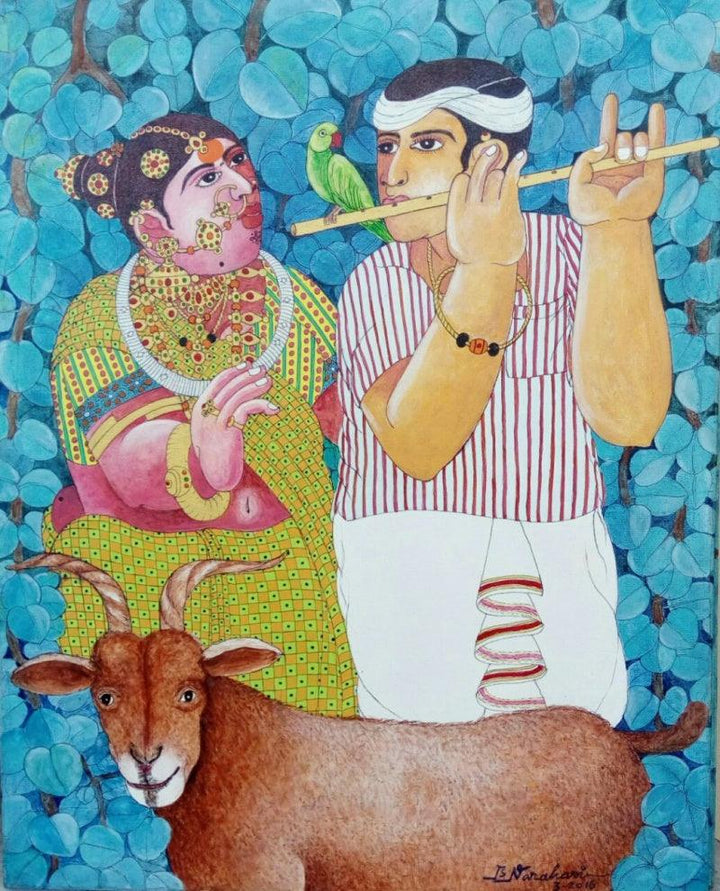 Couple And Goat 3 Painting by Bhawandla Narahari | ArtZolo.com