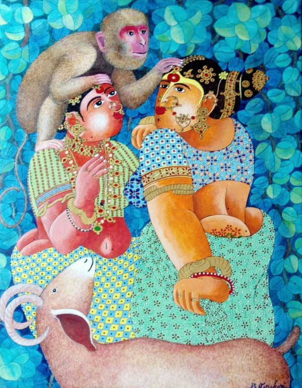 Couple Monkey And Goat 2 Painting by Bhawandla Narahari | ArtZolo.com