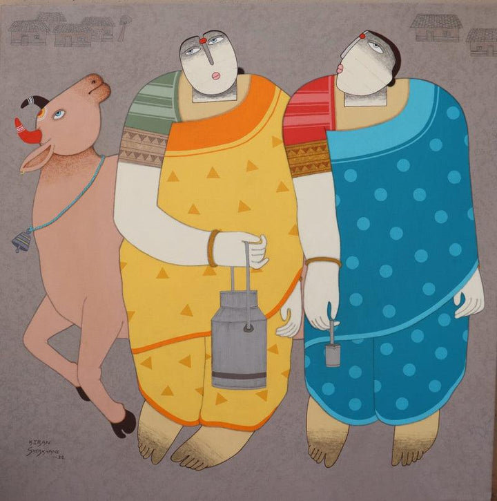 Cow And Women Painting by Kiran Sherkhane | ArtZolo.com