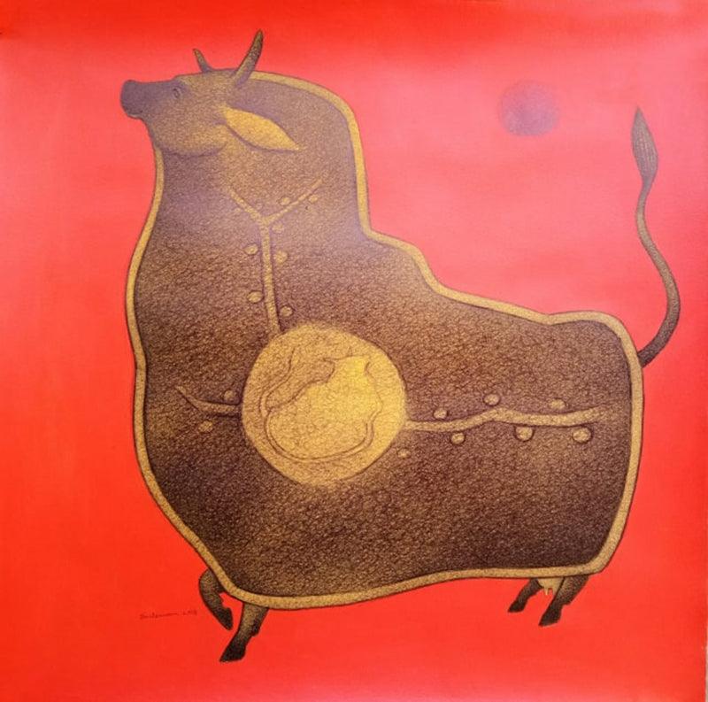 Animals mixed media painting titled 'Cow', 20x20 inches, by artist Mohammed Suleman on Canson Paper