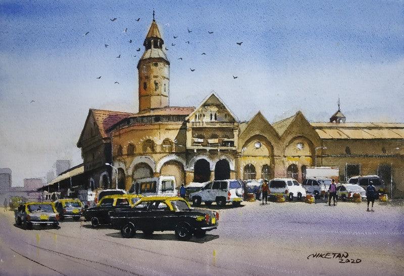 Cityscape watercolor painting titled 'Crawford Market', 12x8 inches, by artist Niketan Bhalerao on On Paper