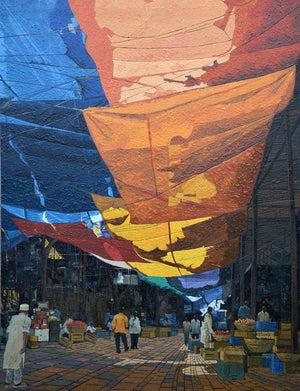 Cityscape oil painting titled 'Crawford Market', 30x24 inches, by artist Prashant Kulkarni on Canvas
