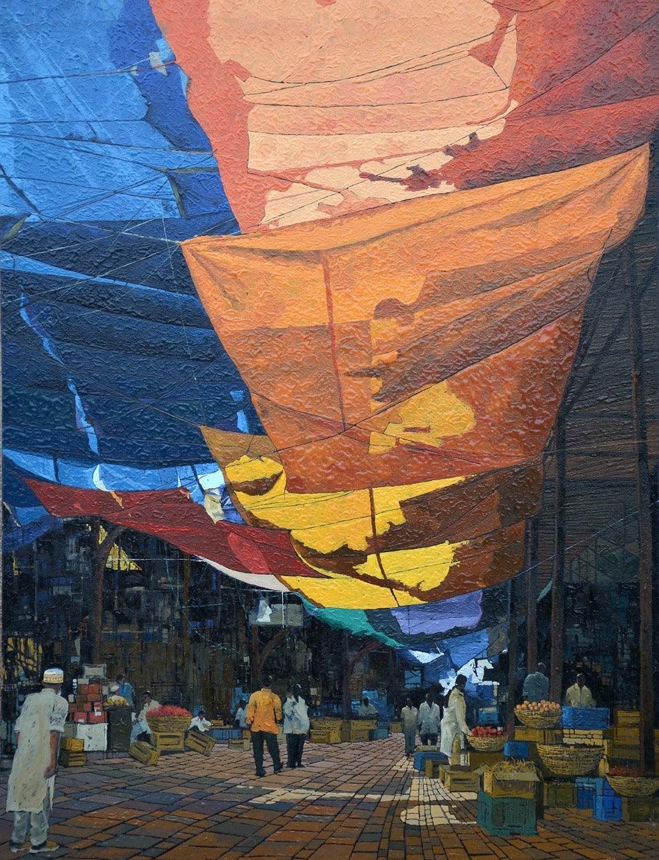 Cityscape oil painting titled 'Crawford Market', 30x24 inches, by artist Prashant Kulkarni on Canvas