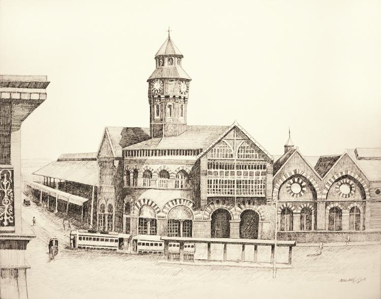 Cityscape ink drawing titled 'Crawford Market', 24x30 inches, by artist Aman A on Canvas