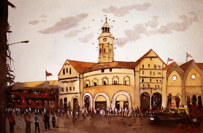 Cityscape watercolor painting titled 'Crawford Market Mumbai', 8x11 inches, by artist Arunava Ray on Paper