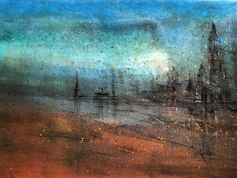 Abstract acrylic painting titled 'Creative landscape', 36x27 inches, by artist Dnyaneshwar Dhavale on Canvas