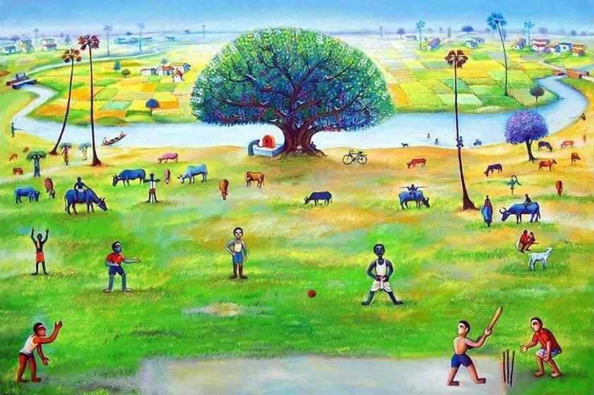 Figurative acrylic painting titled 'Cricket', 60x84 inches, by artist Sanju Das on Canvas
