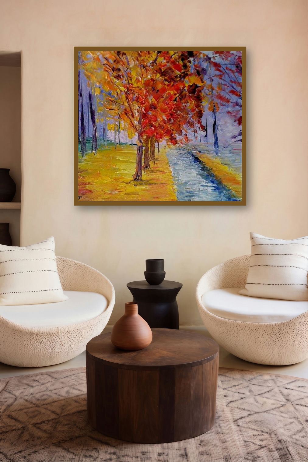 Cross Country Walk (Autumn Trees) by artist Kiran Bableshwar displayed in a Contemporary gallery
