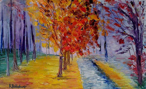 Cross Country Walk (Autumn Trees) by Kiran Bableshwar, Original Oil Impressionist Painting on Canvas, X-Small Horizontal Wall Art