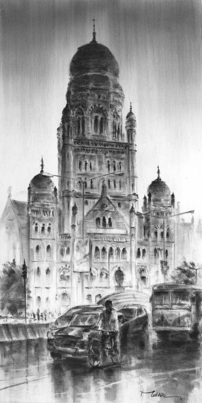 Cityscape charcoal painting titled 'Cst 20', 14x28 inches, by artist Mukhtar Kazi on Paper