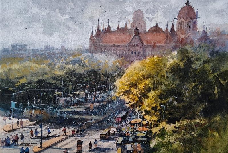 Cityscape watercolor painting titled 'Cst', 14x20 inches, by artist NanaSaheb Yeole on Paper