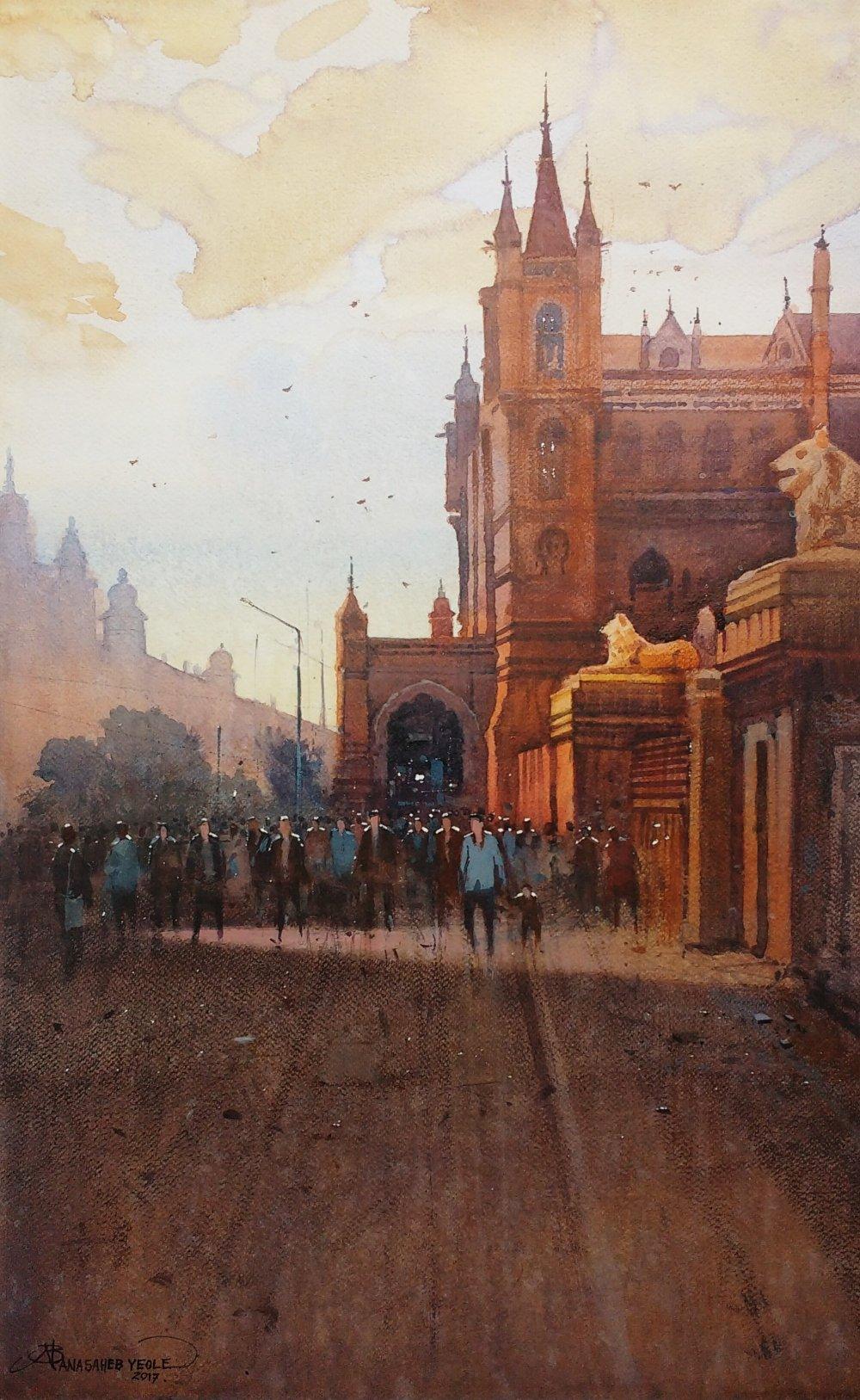 Cityscape watercolor painting titled 'Cst Mumbai', 18x30 inches, by artist NanaSaheb Yeole on Paper