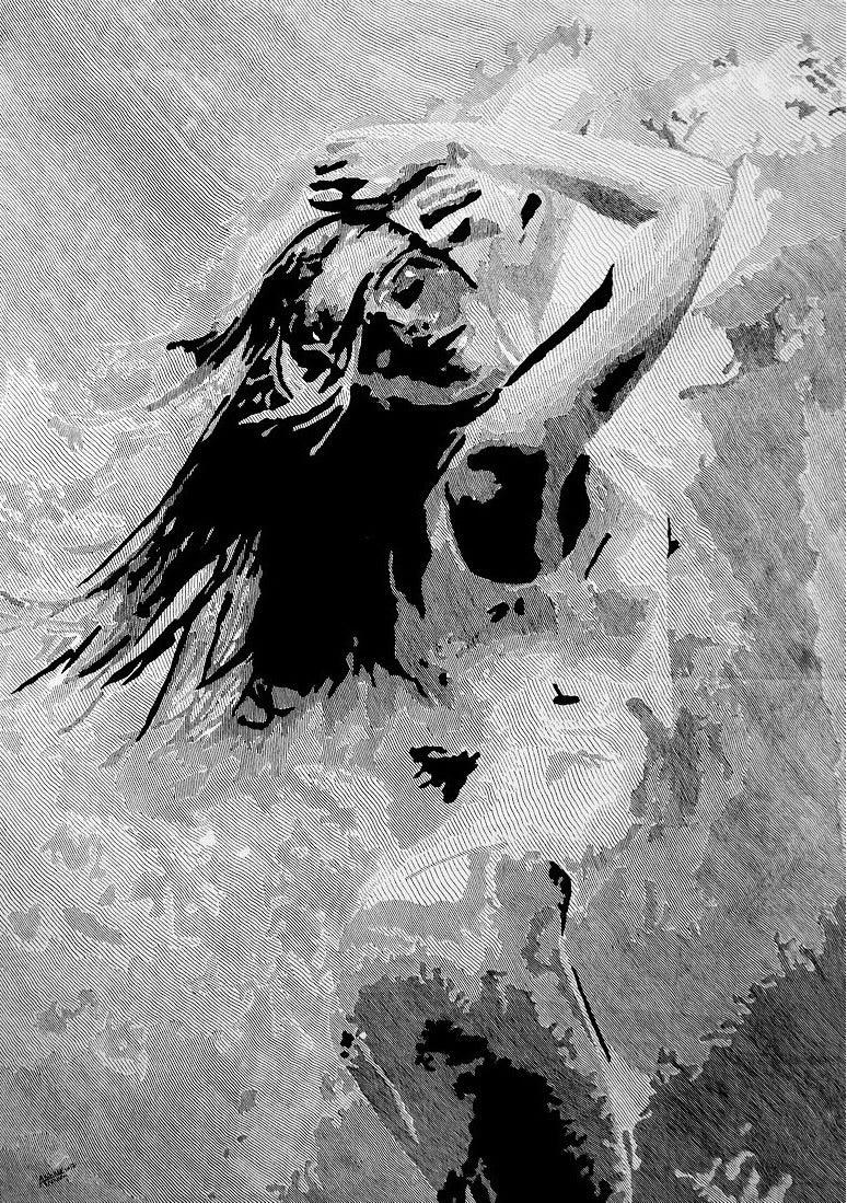 Figurative pen ink drawing titled 'Dance', 26x37 inches, by artist Ashair Naeem on Canvas