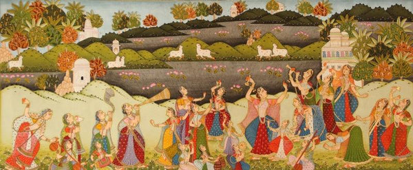 Dancing For Krishna Pichwai Painting Traditional Art by Yugdeepak Soni | ArtZolo.com