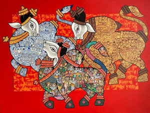 Religious acrylic painting titled 'Dancing Nandis', 36x48 inches, by artist Vivek Kumavat on Canvas