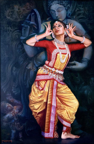 Religious oil painting titled 'Darpana Sundari', 36x24 inches, by artist Rajeev M Y on Canvas
